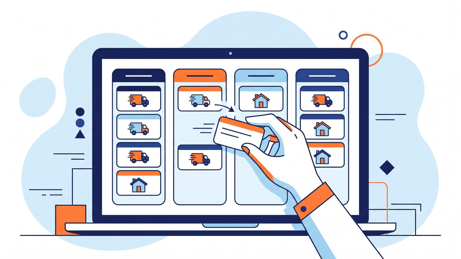 Editorial illustration of a hand dragging an orange work request card between columns on a Kanban board on a laptop, with moving truck and house icons on the cards