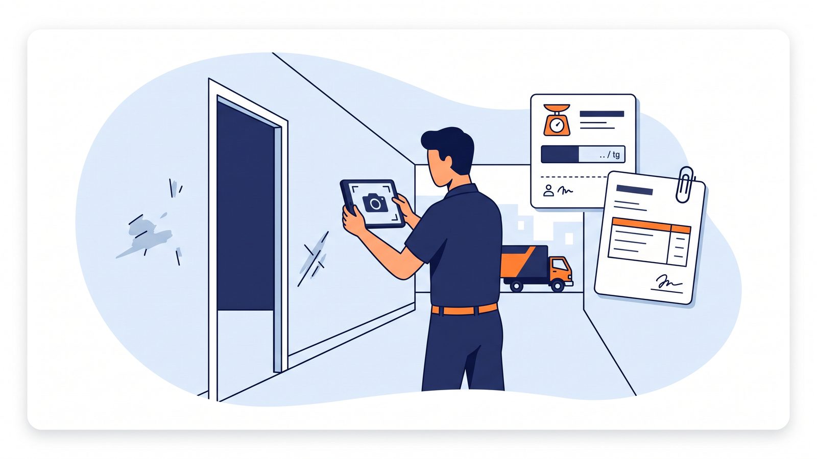 Editorial illustration of a moving crew member photographing a scuffed hallway wall on a tablet, with a moving truck, a truck scale ticket, and an invoice with a paperclip attachment