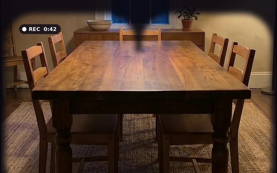 A dining room seen through AI glasses while the estimator records