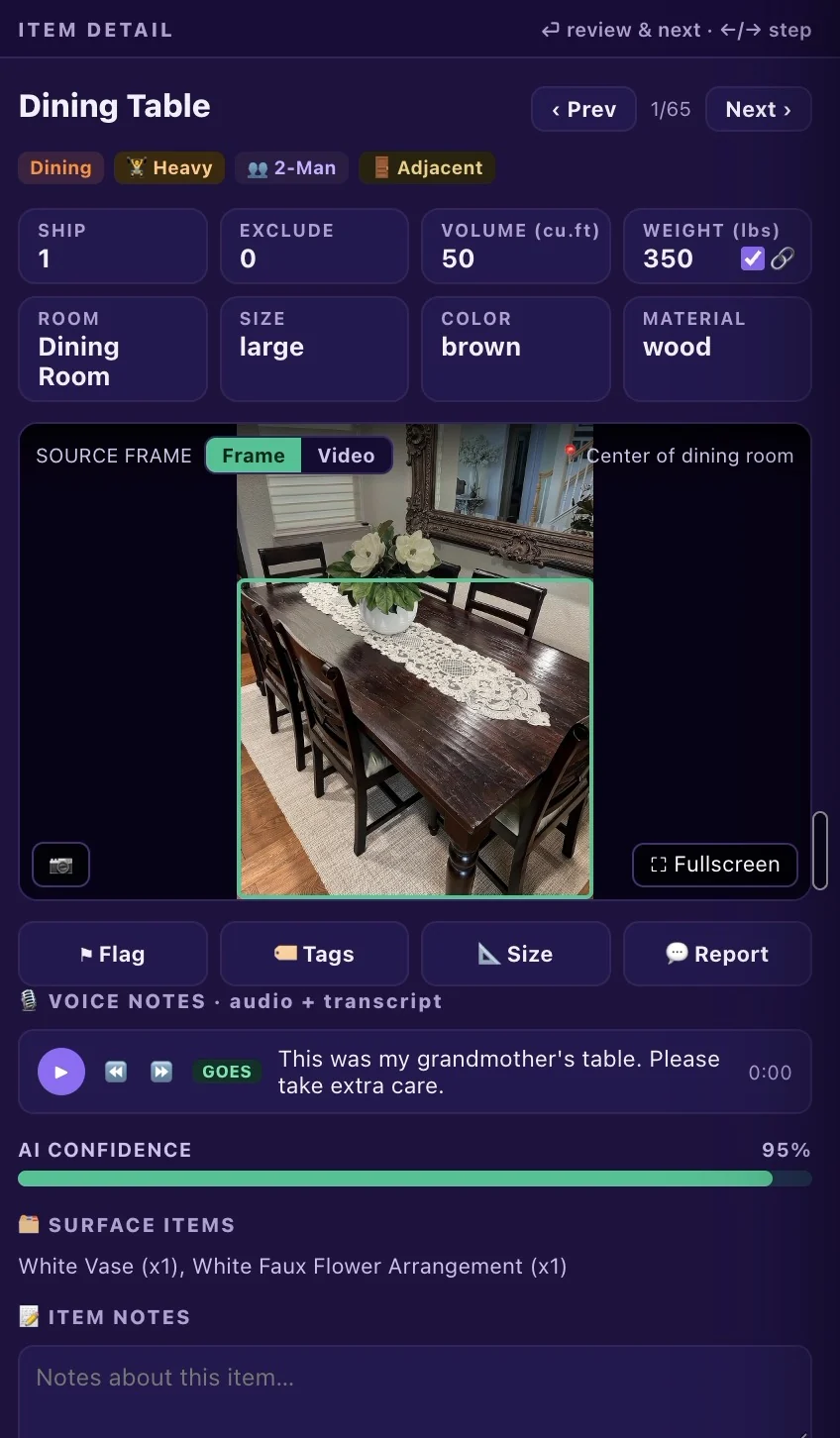 Item detail for a dining table, boxed in the video frame with the customer's voice note
