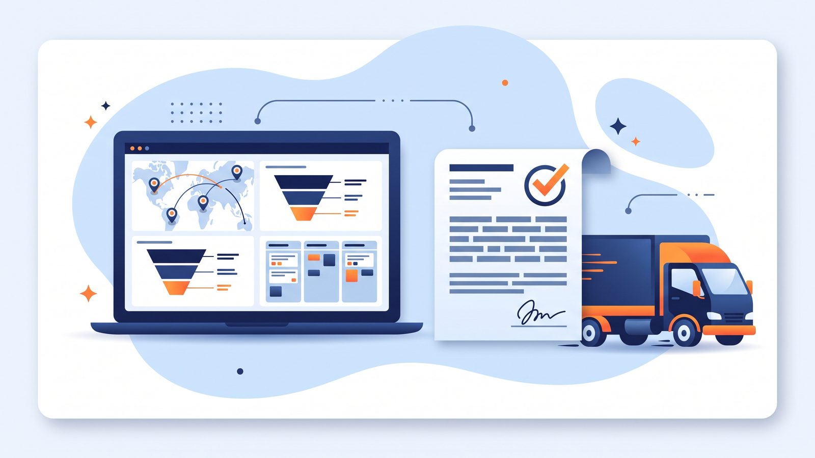 Editorial illustration of a laptop showing a multi-location dashboard with funnel charts and a kanban board, next to a signed bill of lading document and a moving truck